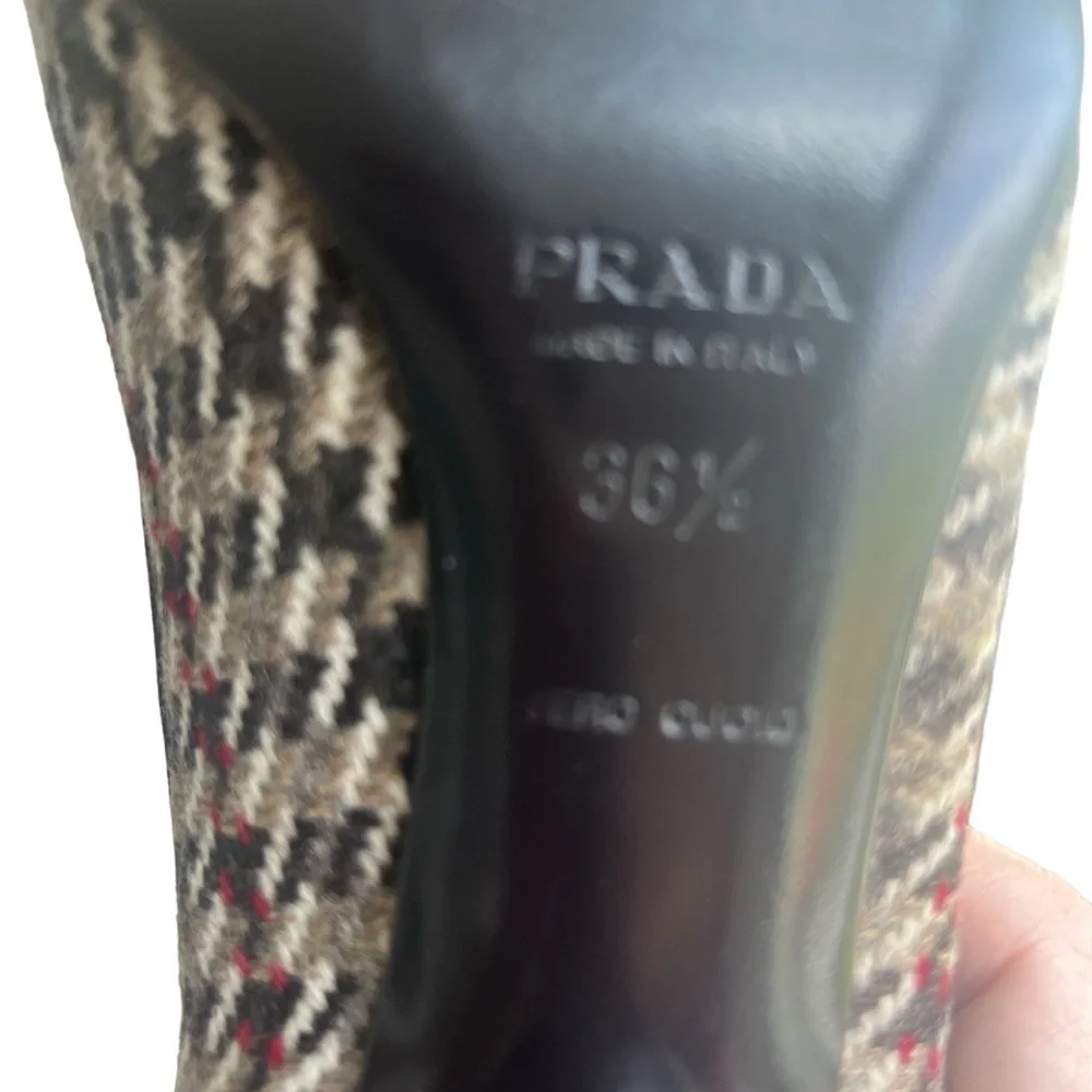 Prada Vero Cocio Check Rose Tweed Wool plaid rosette brown red heels size 36.5
